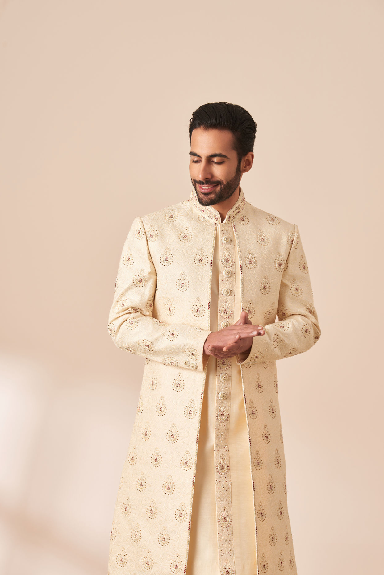 Cream Jacket Style Sherwani with All Over work image number 0